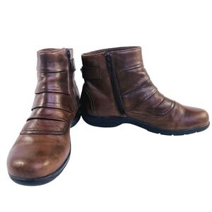 Clarks Brown Leather Pleated Ankle Boots Side Zip Buckle 26067211 Womens 7.5 M